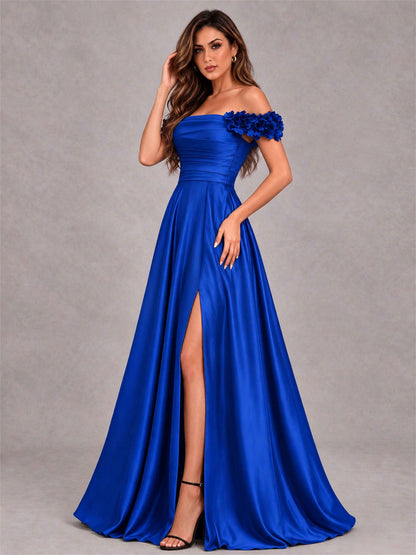 3D Flower Off the Shoulder A Line Satin Pleated Evening Dress with Split Side