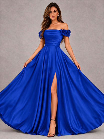 3D Flower Off the Shoulder A Line Satin Pleated Evening Dress with Split Side