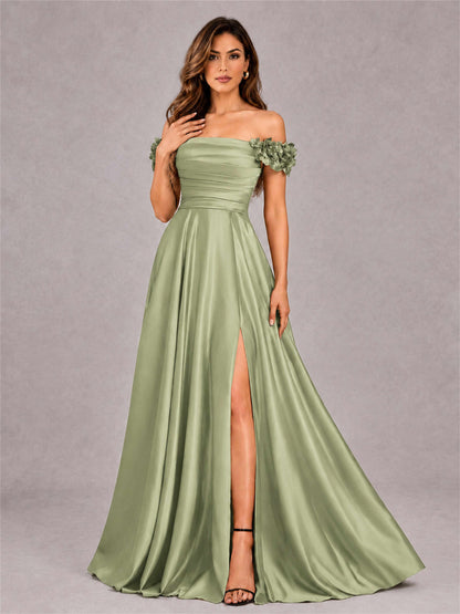 3D Flower Off the Shoulder A Line Satin Pleated Evening Dress with Split Side