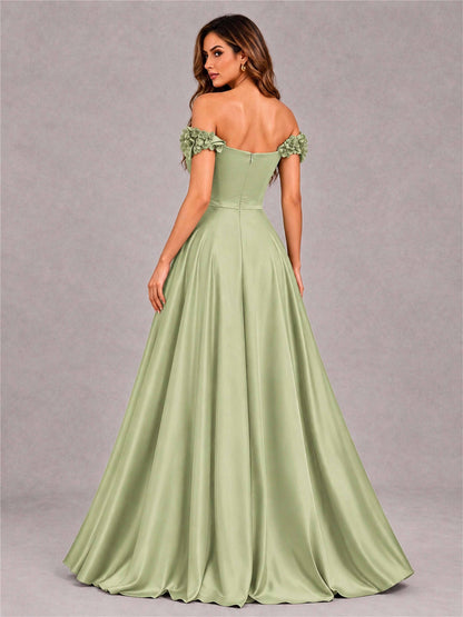 3D Flower Off the Shoulder A Line Satin Pleated Evening Dress with Split Side