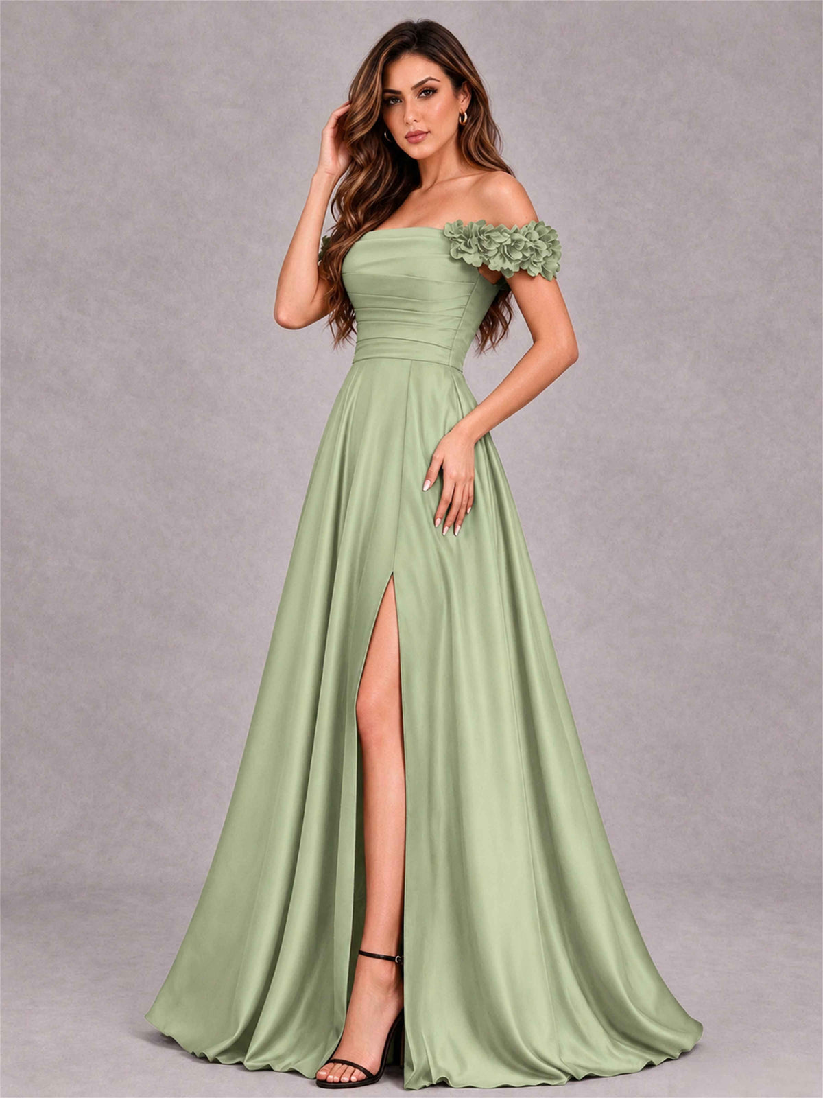 3D Flower Off the Shoulder A Line Satin Pleated Evening Dress with Split Side