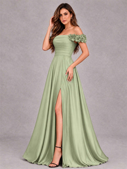 3D Flower Off the Shoulder A Line Satin Pleated Evening Dress with Split Side