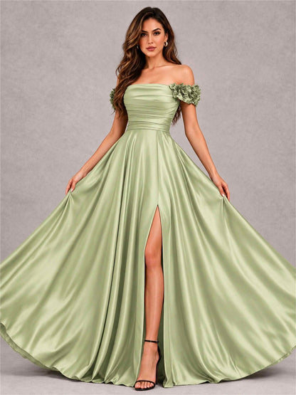 3D Flower Off the Shoulder A Line Satin Pleated Evening Dress with Split Side