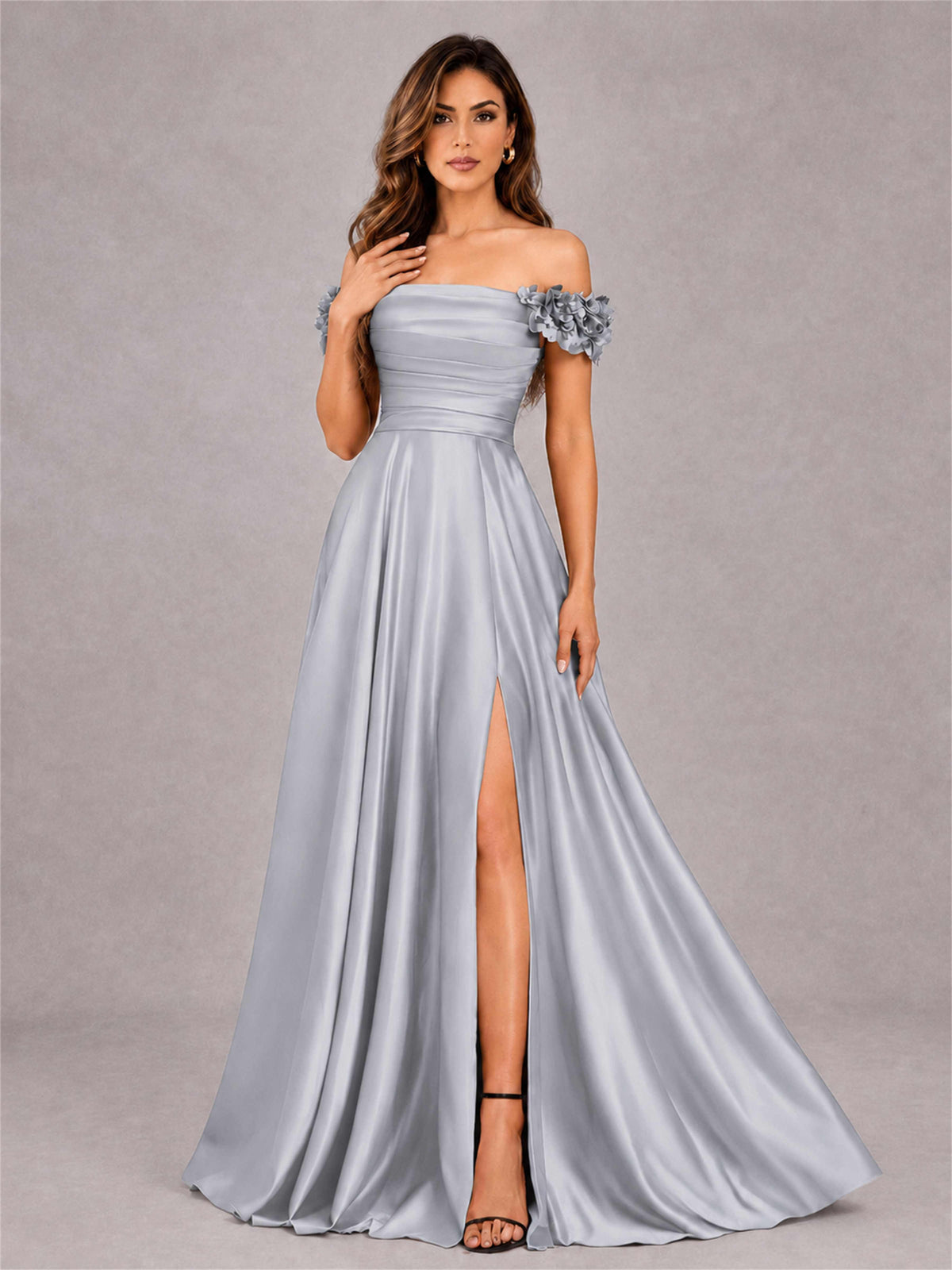 3D Flower Off the Shoulder A Line Satin Pleated Evening Dress with Split Side