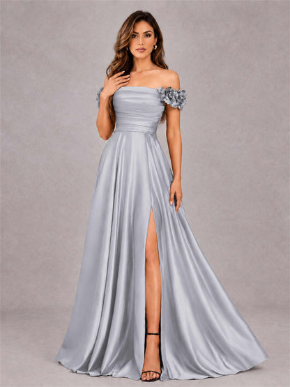 3D Flower Off the Shoulder A Line Satin Pleated Evening Dress with Split Side