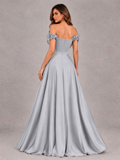 3D Flower Off the Shoulder A Line Satin Pleated Evening Dress with Split Side