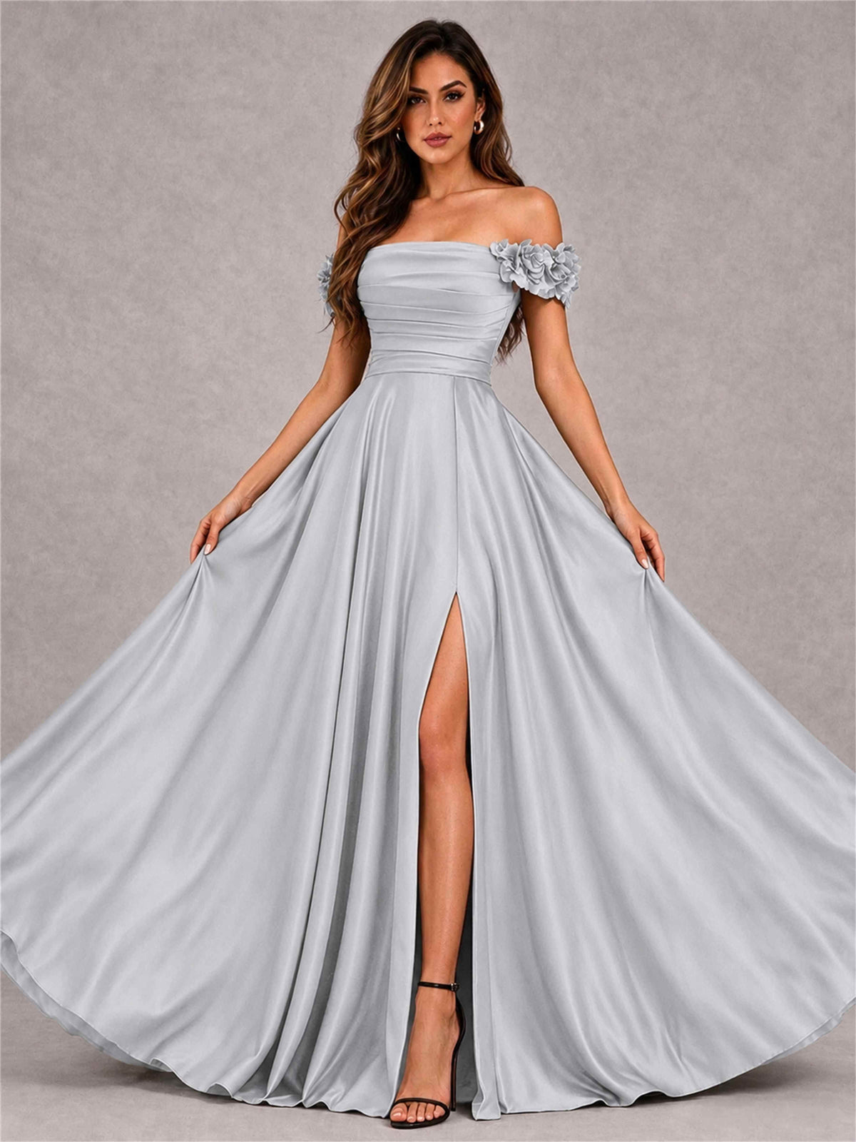 3D Flower Off the Shoulder A Line Satin Pleated Evening Dress with Split Side