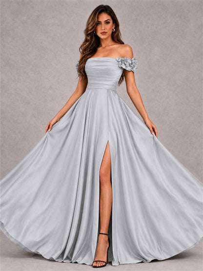 3D Flower Off the Shoulder A Line Satin Pleated Evening Dress with Split Side