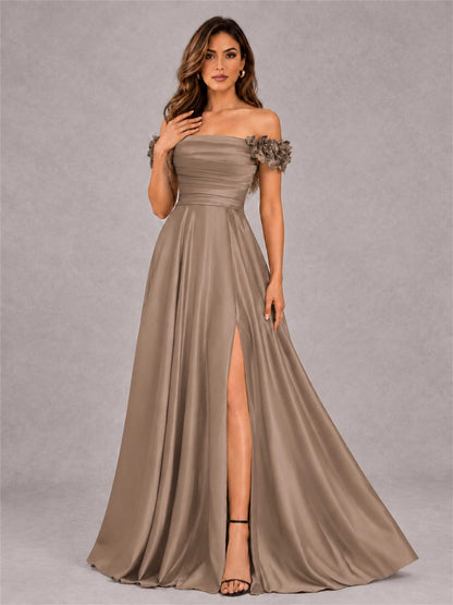 3D Flower Off the Shoulder A Line Satin Pleated Evening Dress with Split Side