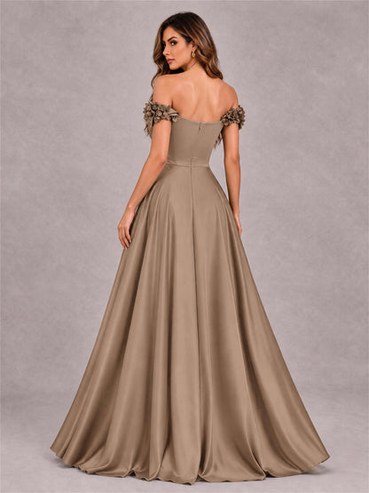 3D Flower Off the Shoulder A Line Satin Pleated Evening Dress with Split Side