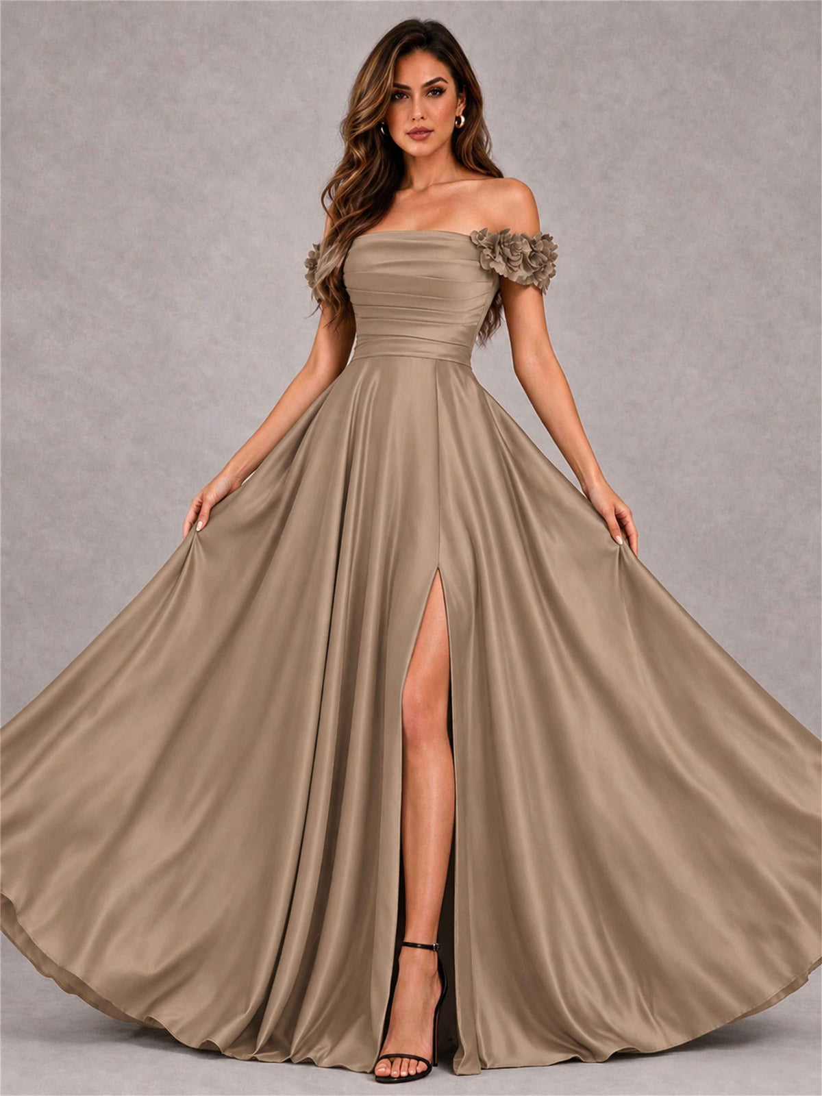 3D Flower Off the Shoulder A Line Satin Pleated Evening Dress with Split Side