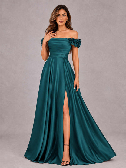 3D Flower Off the Shoulder A Line Satin Pleated Evening Dress with Split Side