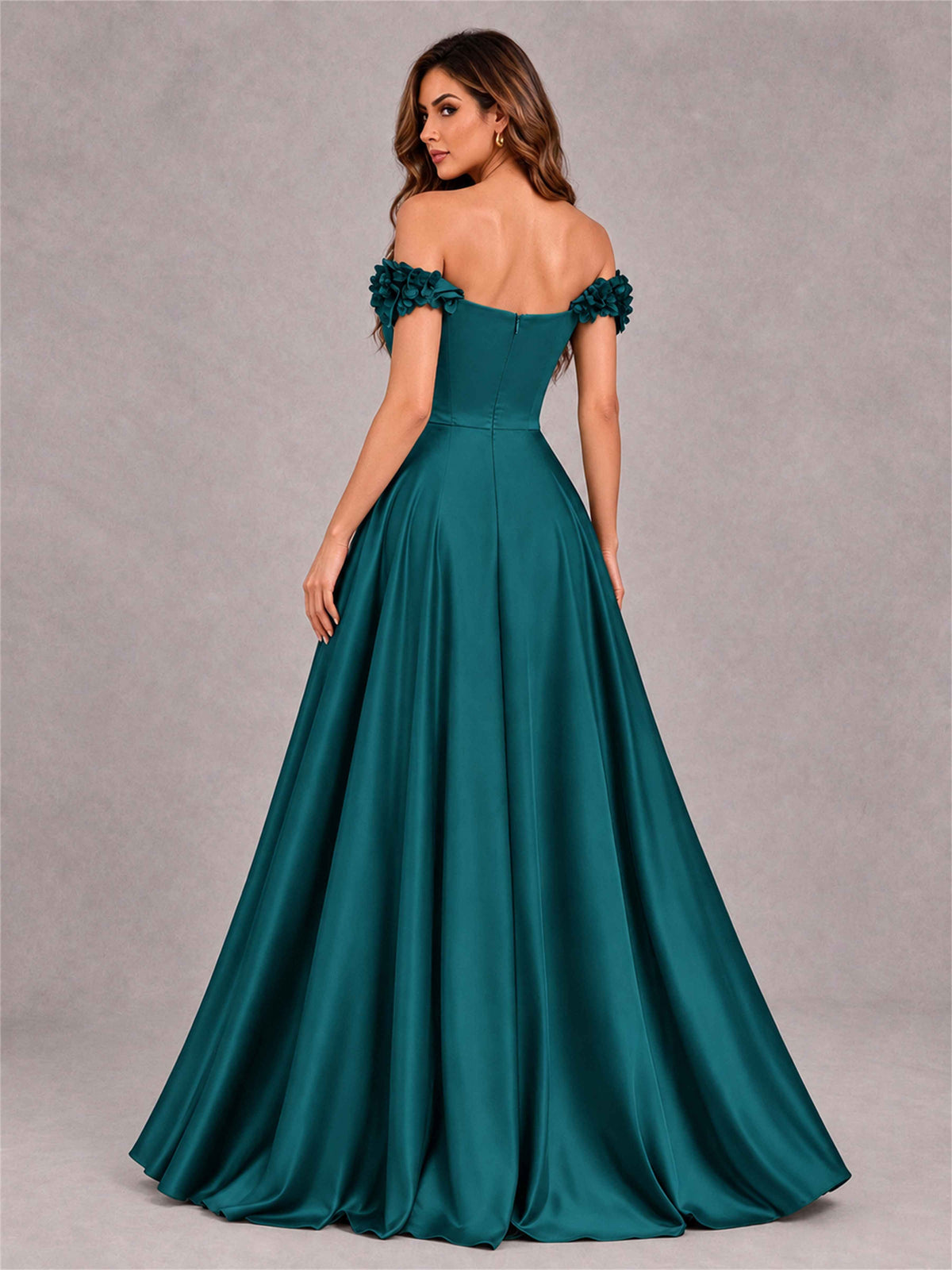 3D Flower Off the Shoulder A Line Satin Pleated Evening Dress with Split Side