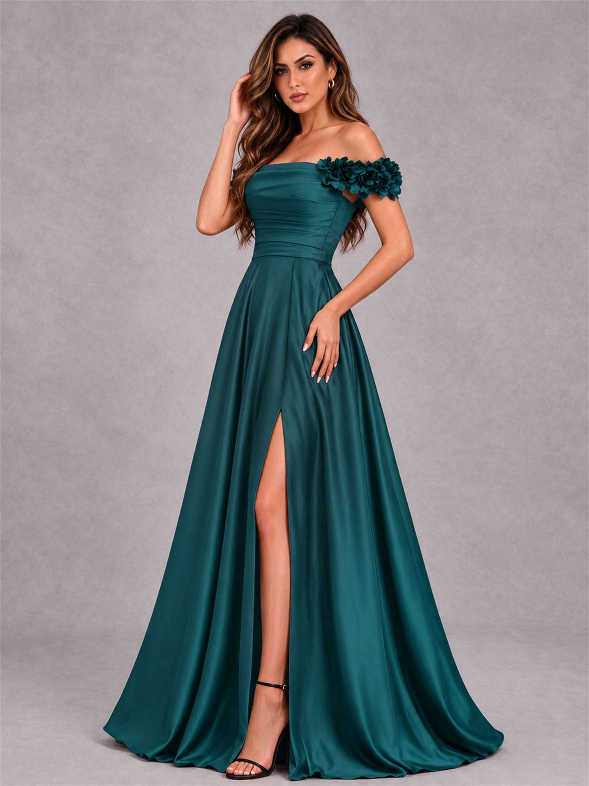 3D Flower Off the Shoulder A Line Satin Pleated Evening Dress with Split Side