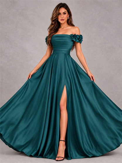 3D Flower Off the Shoulder A Line Satin Pleated Evening Dress with Split Side