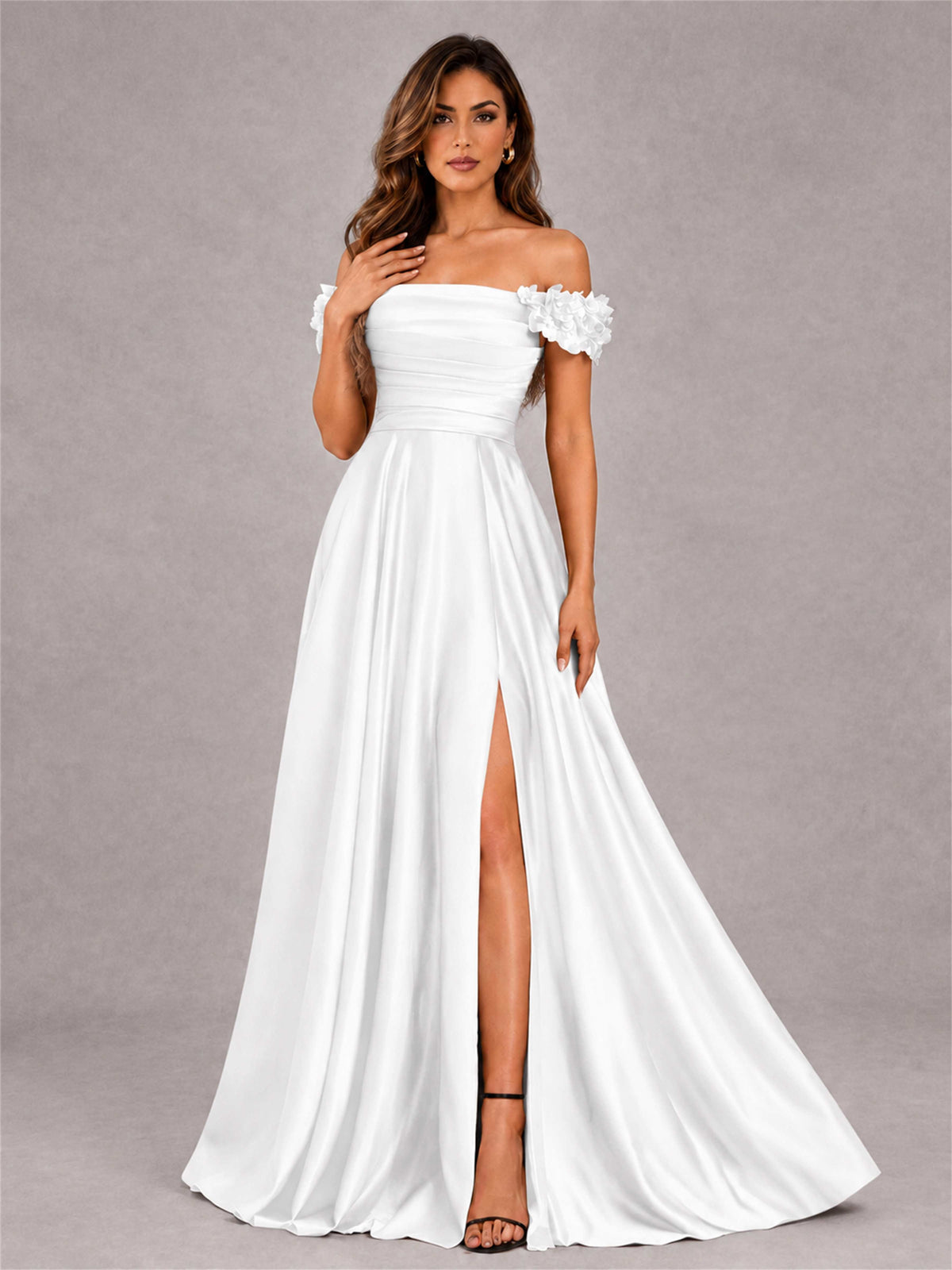 3D Flower Off the Shoulder A Line Satin Pleated Evening Dress with Split Side