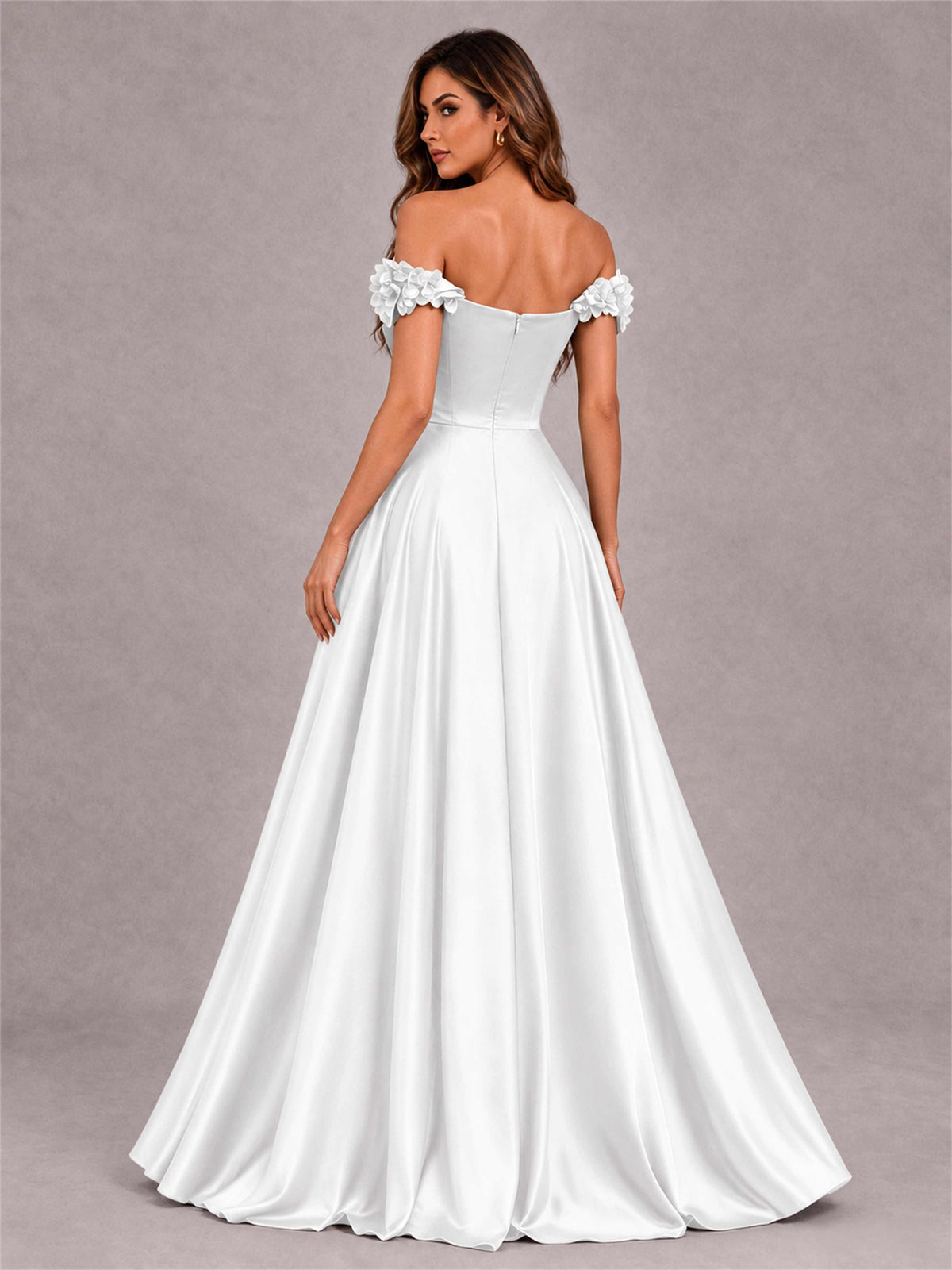 3D Flower Off the Shoulder A Line Satin Pleated Evening Dress with Split Side