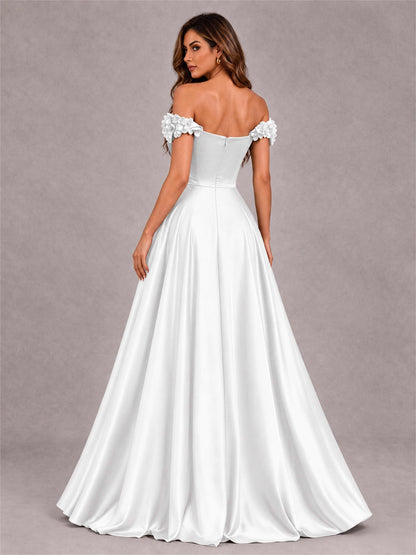 3D Flower Off the Shoulder A Line Satin Pleated Evening Dress with Split Side