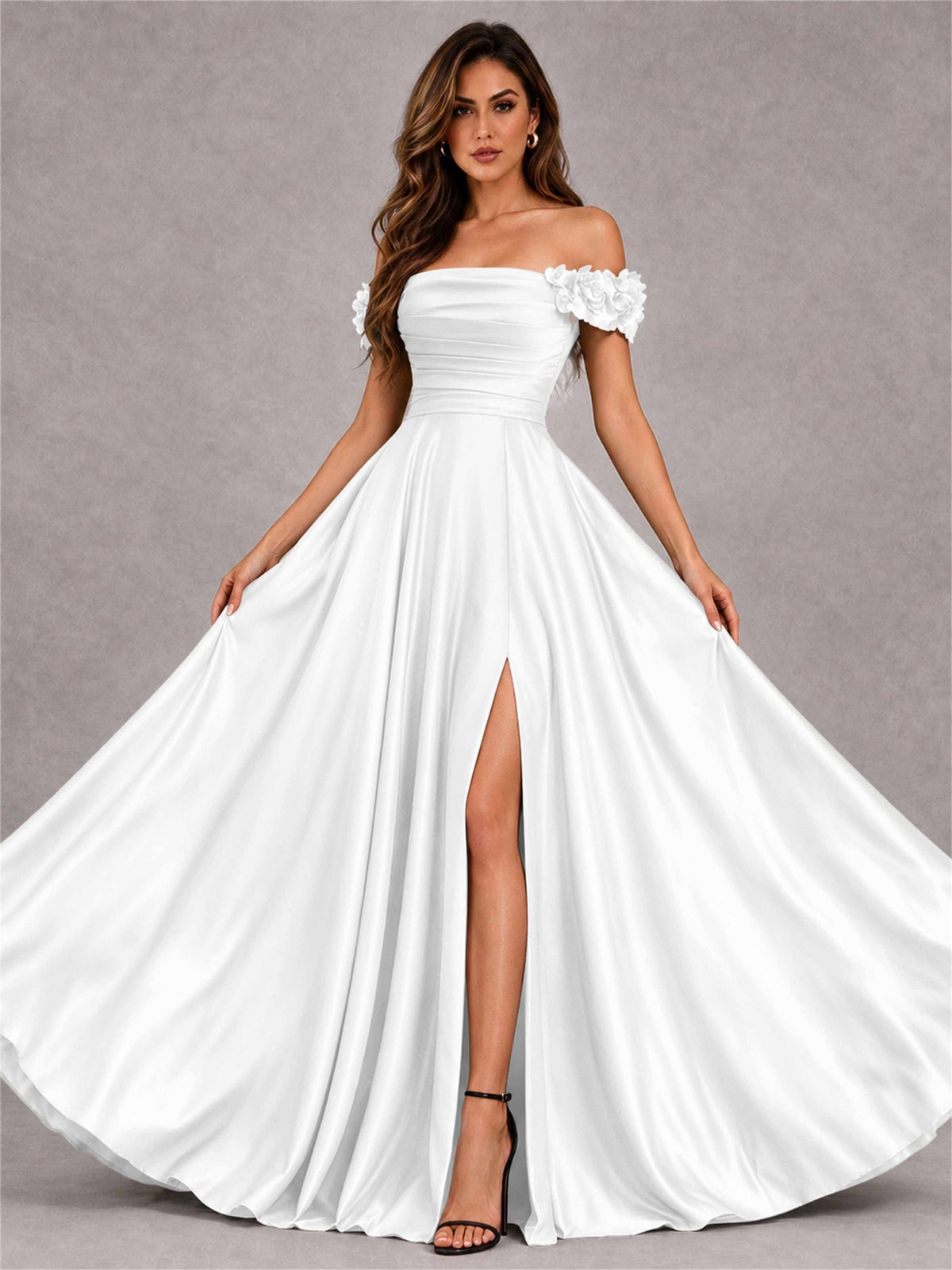 3D Flower Off the Shoulder A Line Satin Pleated Evening Dress with Split Side