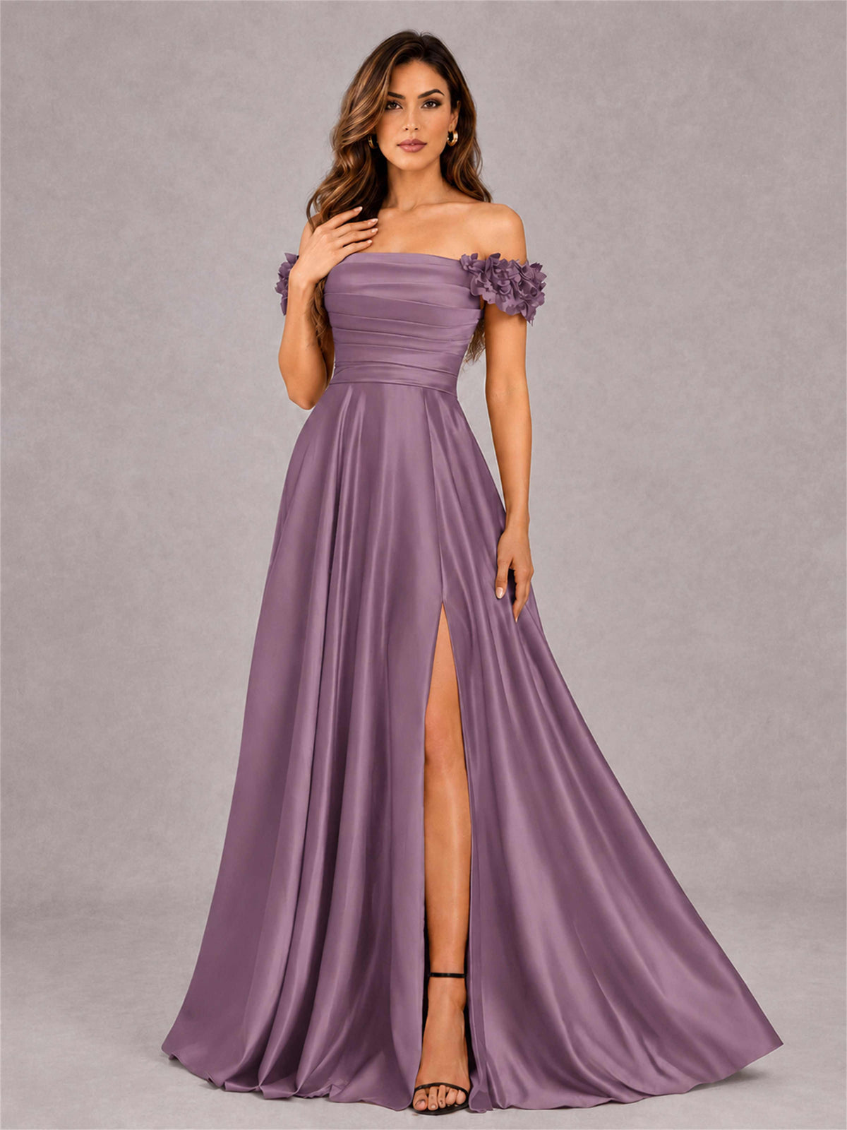 3D Flower Off the Shoulder A Line Satin Pleated Evening Dress with Split Side