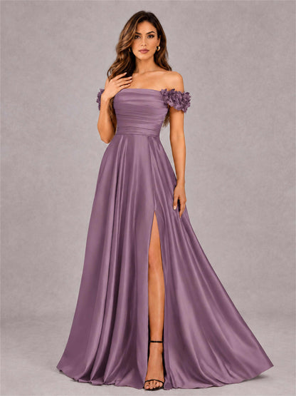 3D Flower Off the Shoulder A Line Satin Pleated Evening Dress with Split Side