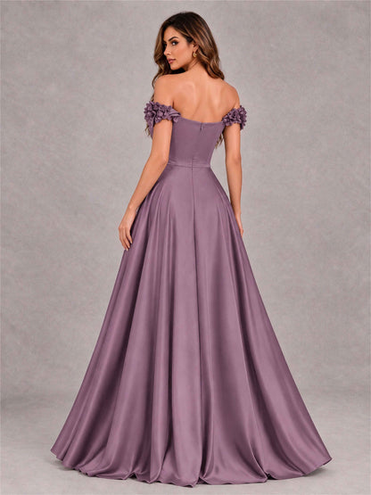 3D Flower Off the Shoulder A Line Satin Pleated Evening Dress with Split Side