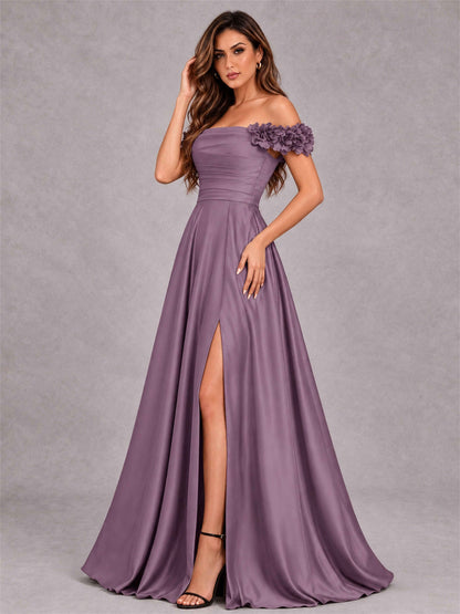 3D Flower Off the Shoulder A Line Satin Pleated Evening Dress with Split Side