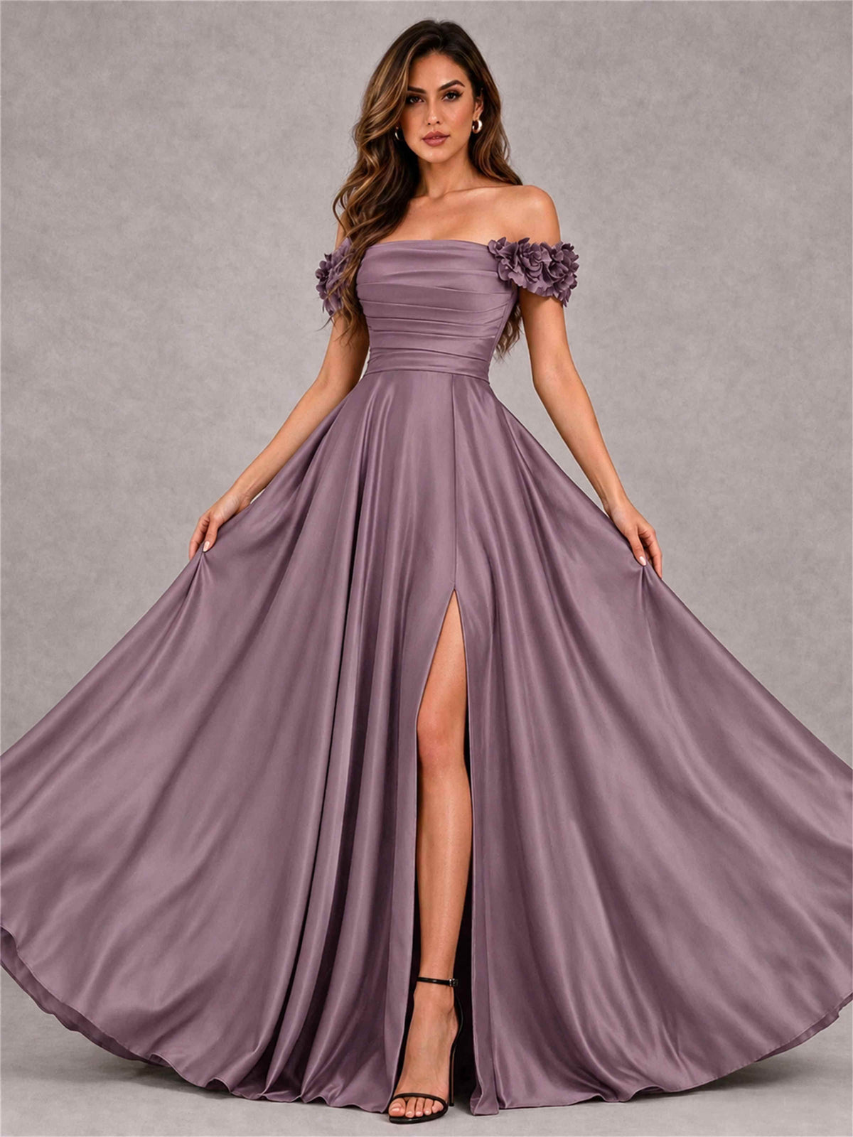 3D Flower Off the Shoulder A Line Satin Pleated Evening Dress with Split Side