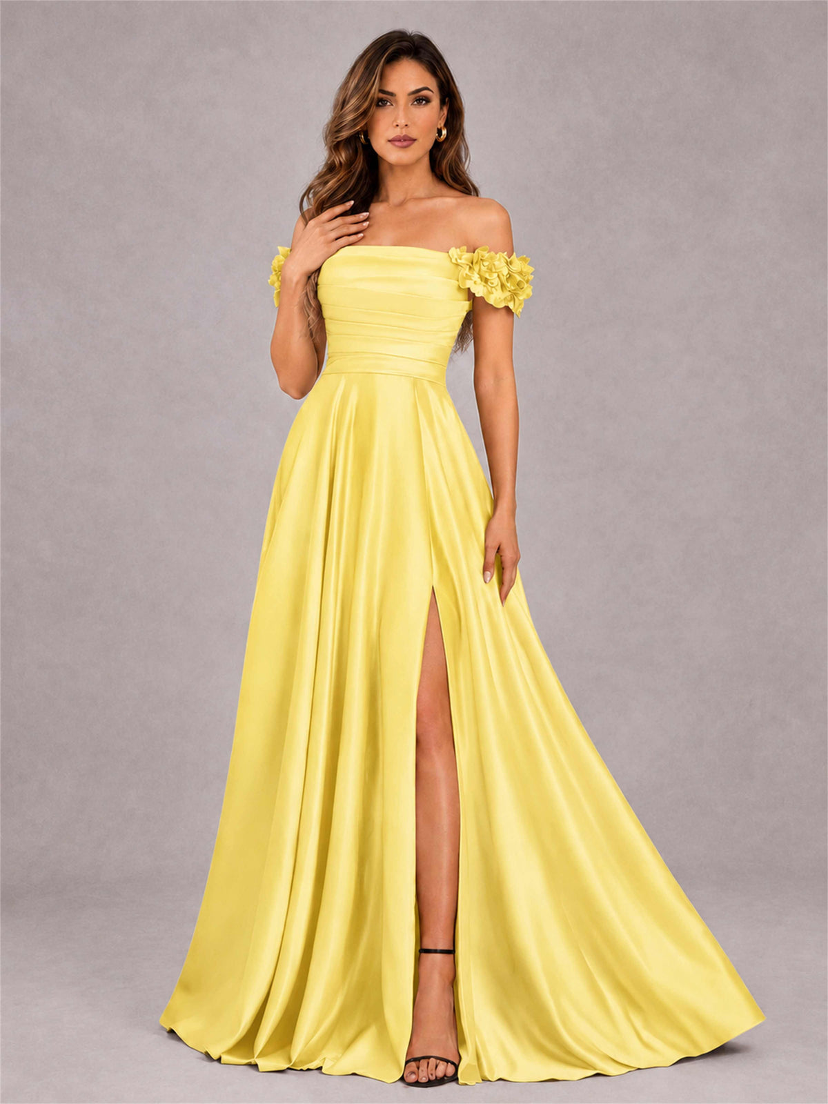 3D Flower Off the Shoulder A Line Satin Pleated Evening Dress with Split Side