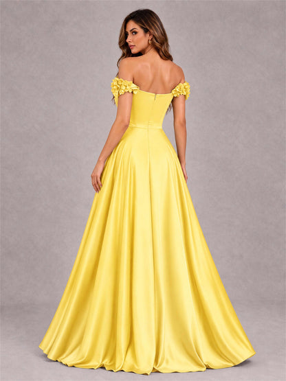 3D Flower Off the Shoulder A Line Satin Pleated Evening Dress with Split Side