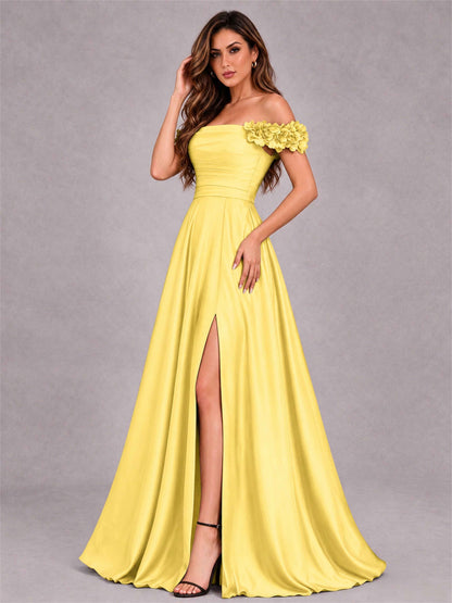 3D Flower Off the Shoulder A Line Satin Pleated Evening Dress with Split Side