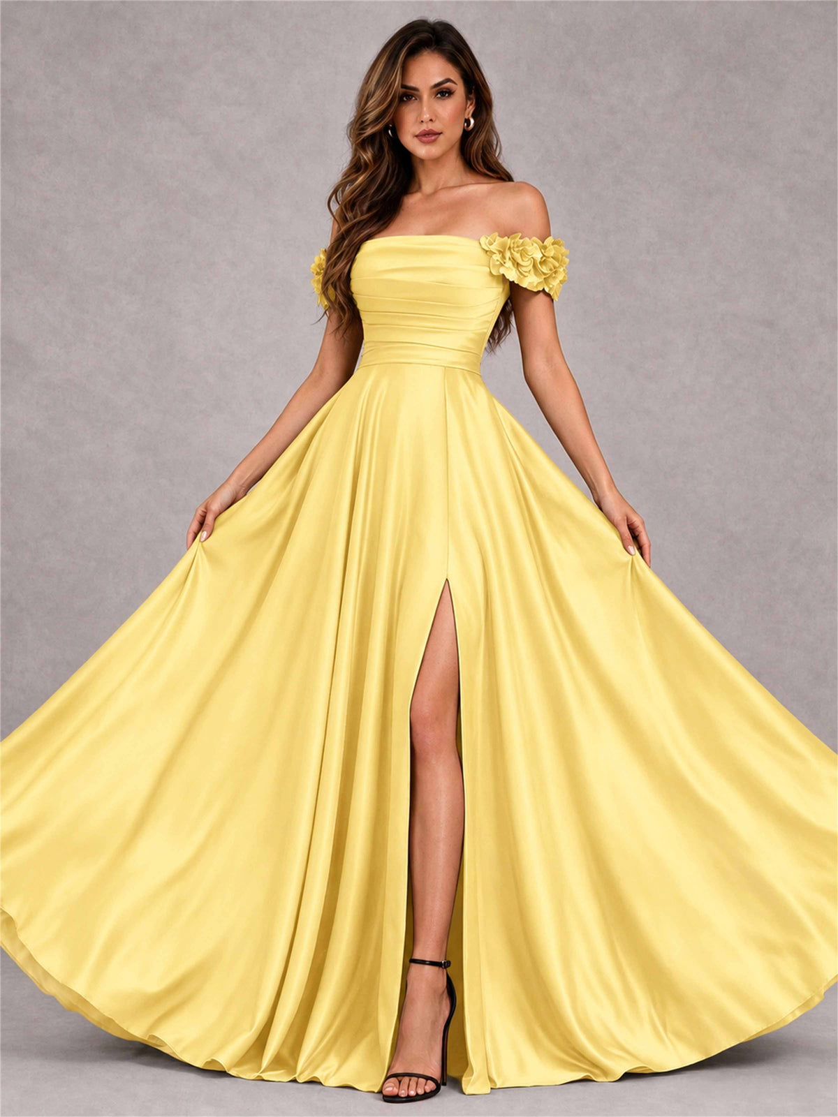 3D Flower Off the Shoulder A Line Satin Pleated Evening Dress with Split Side