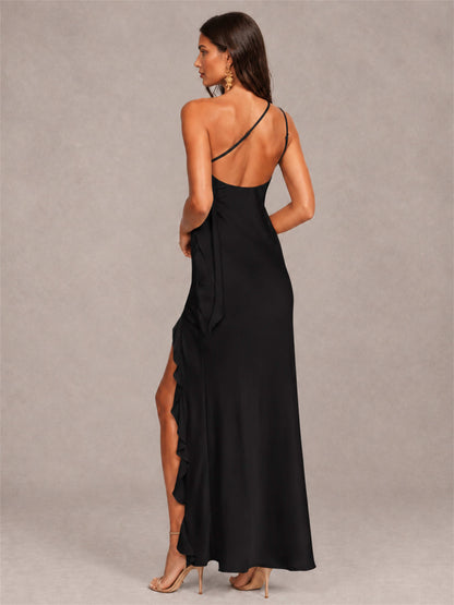 3D Flower One Shoulder Column Satin Sleeveless Wedding Guest Dress with Split Side