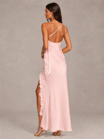 3D Flower One Shoulder Column Satin Sleeveless Wedding Guest Dress with Split Side