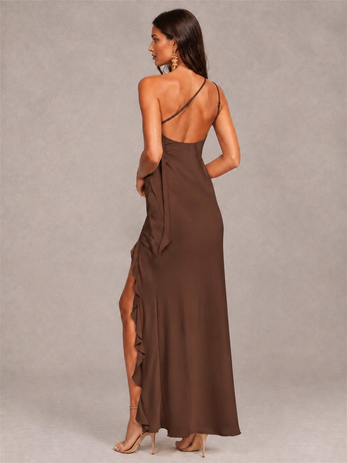 3D Flower One Shoulder Column Satin Sleeveless Wedding Guest Dress with Split Side