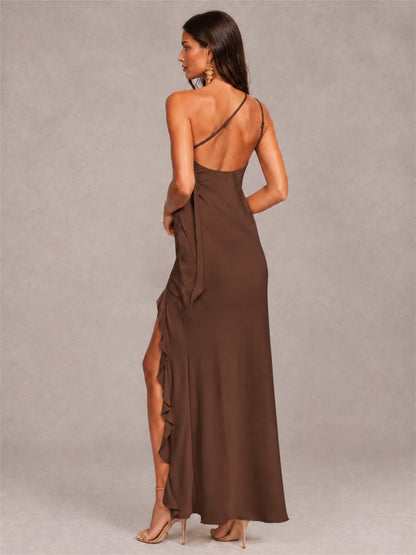 3D Flower One Shoulder Column Satin Sleeveless Wedding Guest Dress with Split Side