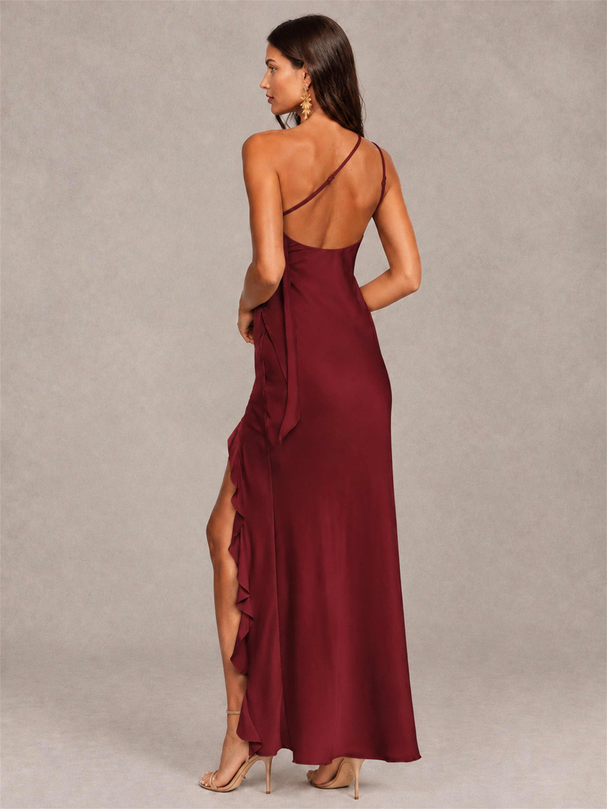3D Flower One Shoulder Column Satin Sleeveless Wedding Guest Dress with Split Side