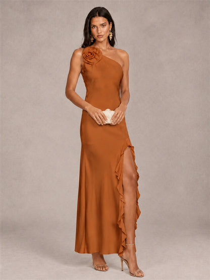 3D Flower One Shoulder Column Satin Sleeveless Wedding Guest Dress with Split Side