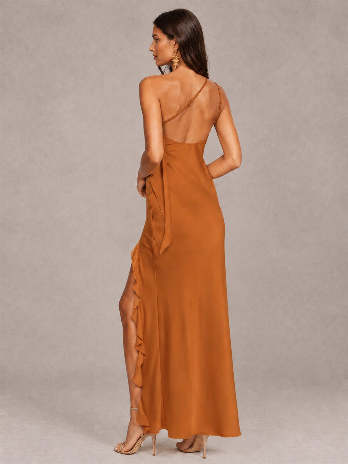 3D Flower One Shoulder Column Satin Sleeveless Wedding Guest Dress with Split Side
