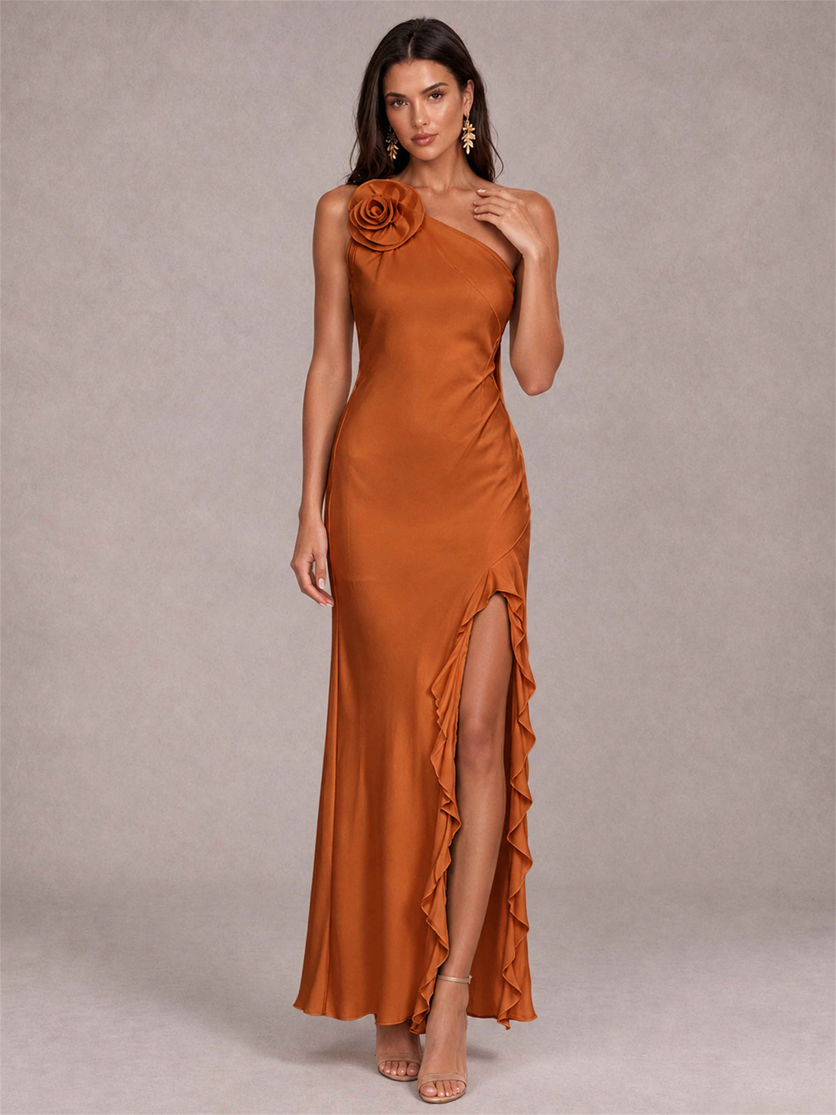 3D Flower One Shoulder Column Satin Sleeveless Wedding Guest Dress with Split Side