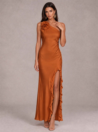 3D Flower One Shoulder Column Satin Sleeveless Wedding Guest Dress with Split Side