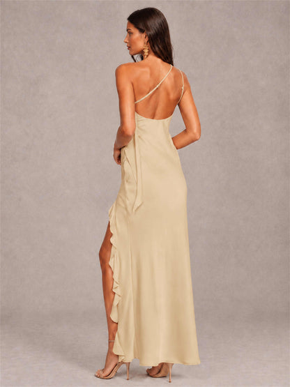 3D Flower One Shoulder Column Satin Sleeveless Wedding Guest Dress with Split Side