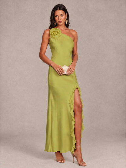 3D Flower One Shoulder Column Satin Sleeveless Wedding Guest Dress with Split Side