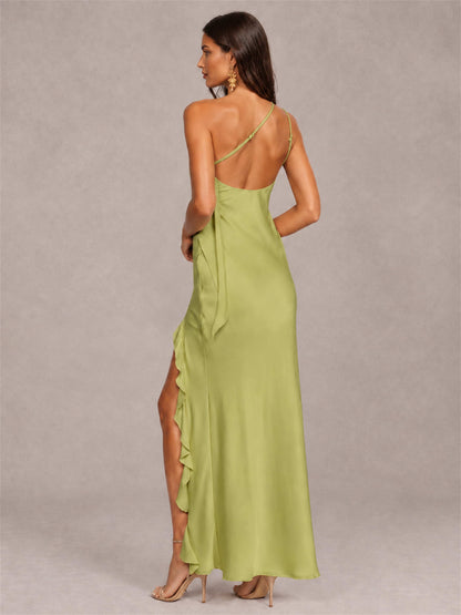3D Flower One Shoulder Column Satin Sleeveless Wedding Guest Dress with Split Side