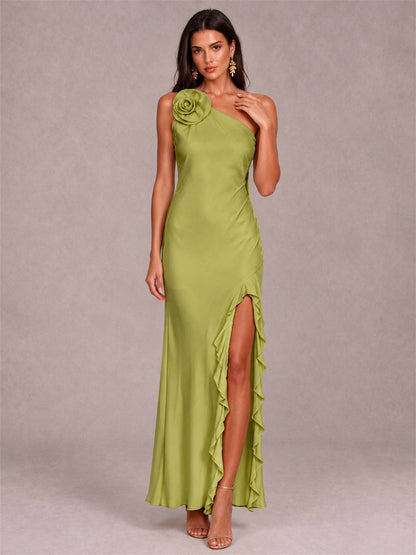 3D Flower One Shoulder Column Satin Sleeveless Wedding Guest Dress with Split Side
