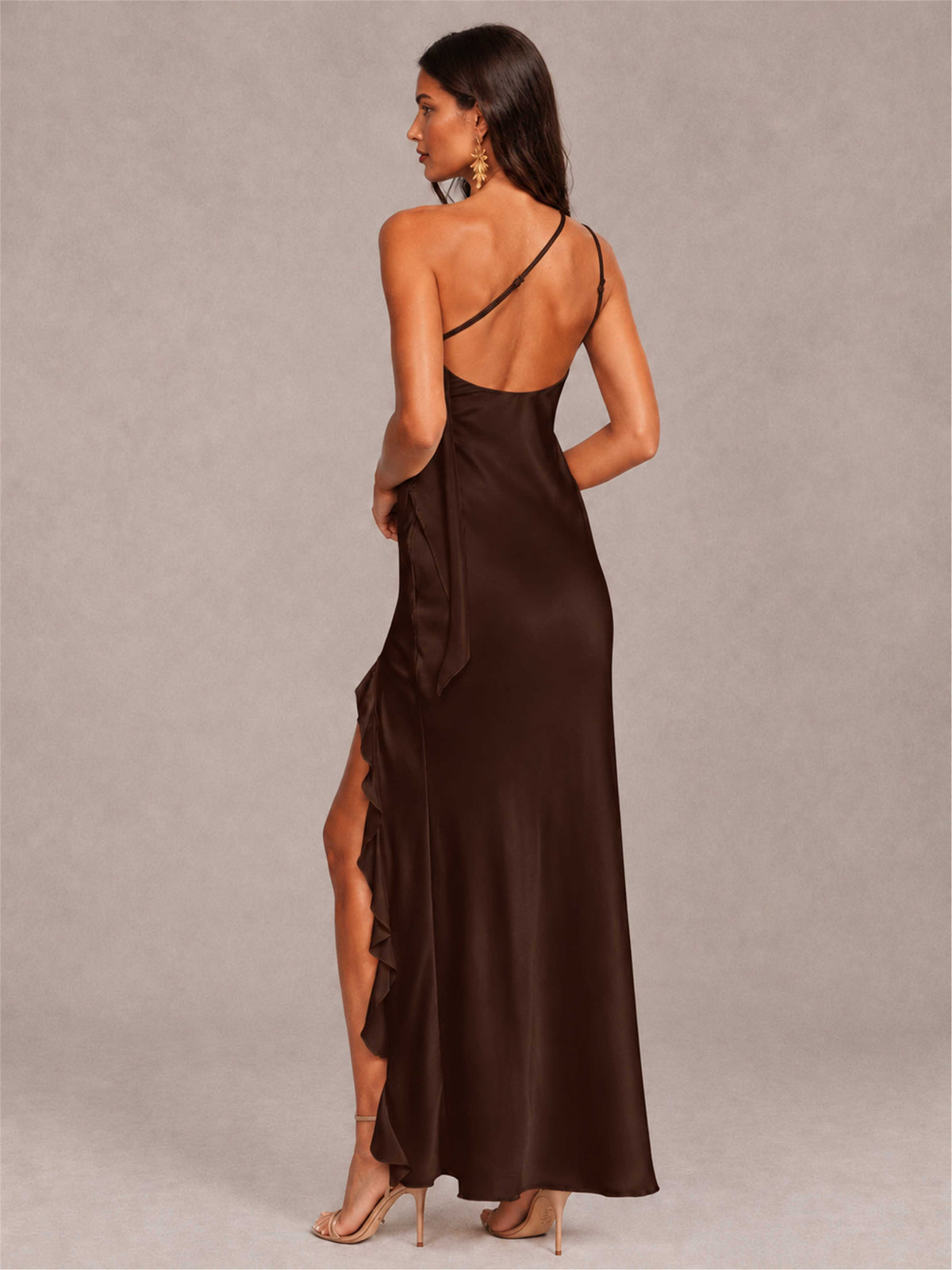 3D Flower One Shoulder Column Satin Sleeveless Wedding Guest Dress with Split Side