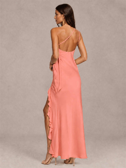 3D Flower One Shoulder Column Satin Sleeveless Wedding Guest Dress with Split Side