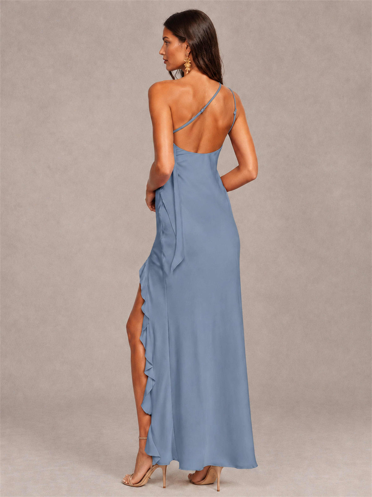3D Flower One Shoulder Column Satin Sleeveless Wedding Guest Dress with Split Side