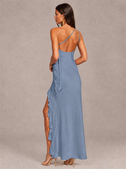 3D Flower One Shoulder Column Satin Sleeveless Wedding Guest Dress with Split Side