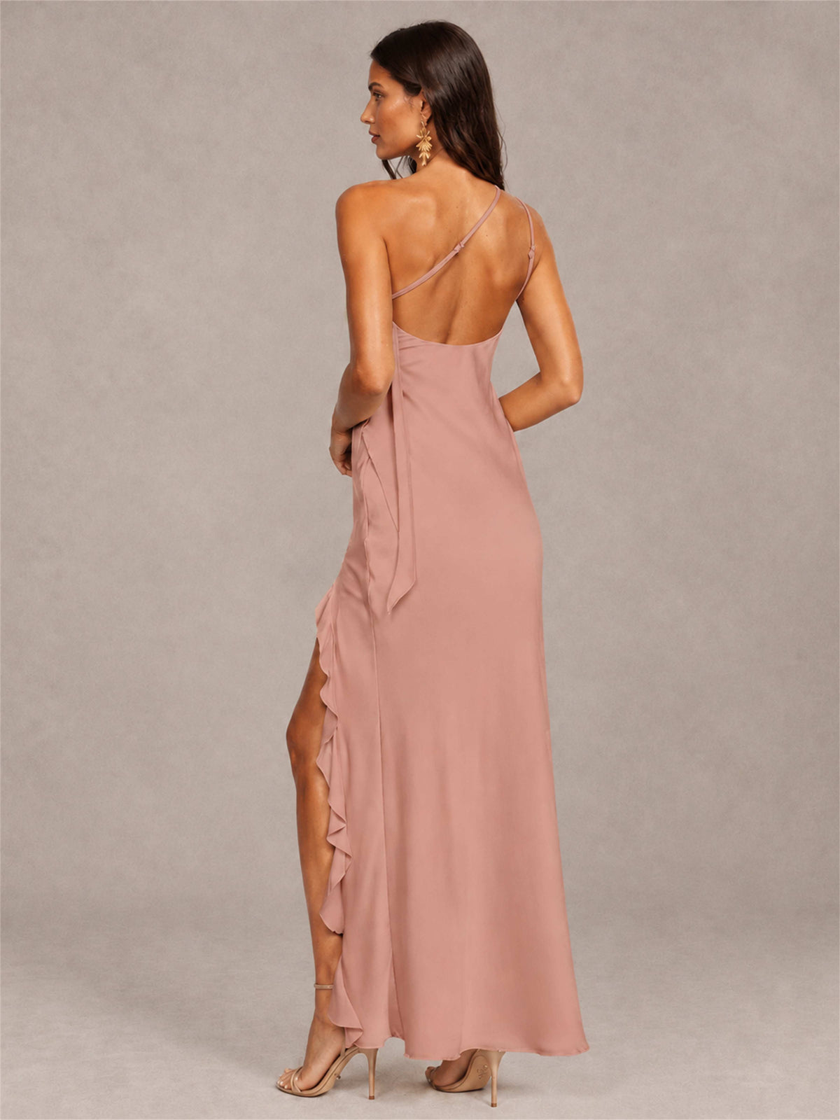 3D Flower One Shoulder Column Satin Sleeveless Wedding Guest Dress with Split Side